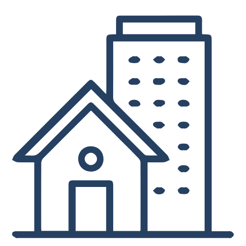 A simple line drawing of a house next to a tall building showing residential and commercial works.