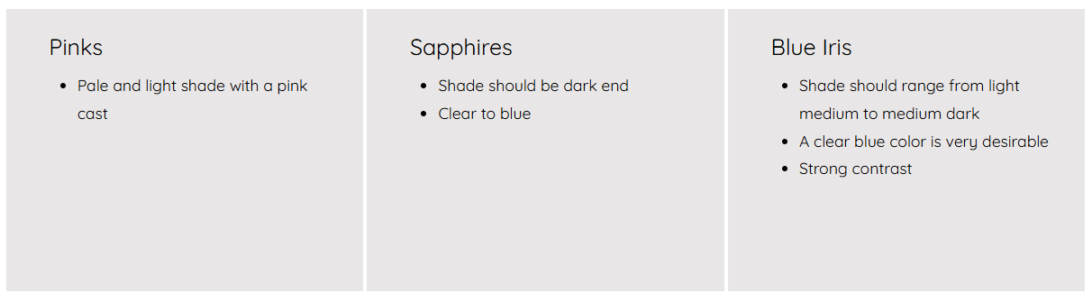 A chart comparing the characteristics of pink, sapphires, and blue iris gemstones. Pink is described as pale and light with a pink cast. Sapphires should have a dark end and be clear to blue. Blue iris should range from light to dark medium, with a clear blue color and strong contrast.