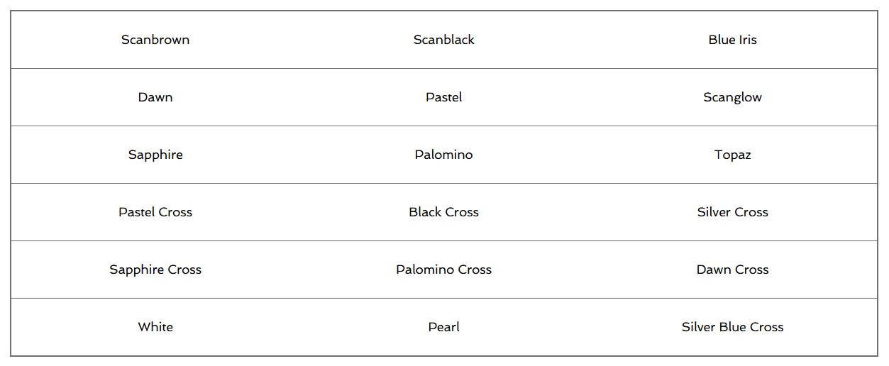 A chart listing different names of gemstones and mineral crosses, including options like Scanbown, Dawn, Sapphire, Pastel, Black Cross, and Silver Cross.