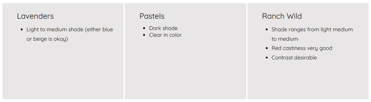 A chart comparing three types of plants: Lavenders, Pastels, and Ranch Wild. Lavenders have light to medium shades in blue or beige. Pastels are dark shade and clear in color. Ranch Wild has shades from light to medium, with good red castings and desirable contrast.