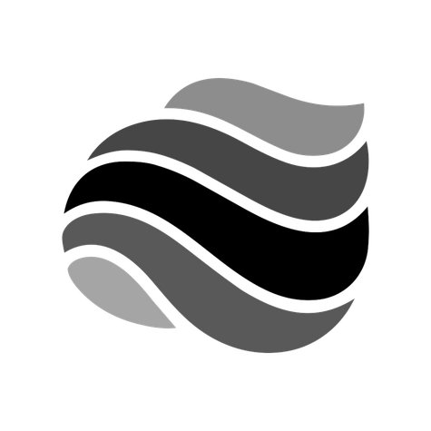 An abstract logo with wavy lines forming a spherical shape, in shades of black and gray.