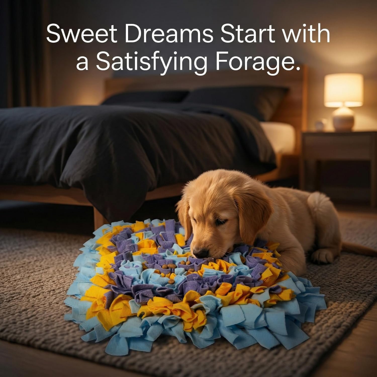 A young puppy enjoys searching his snuffle mat