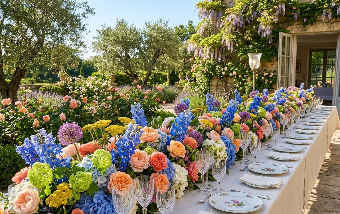 An opulent, long-table floral installation featuring a continuous runner of white delphinium, roses, and lush seasonal greenery. A breathtaking example of how we translate a grand vision into a sophisticated dining experience.