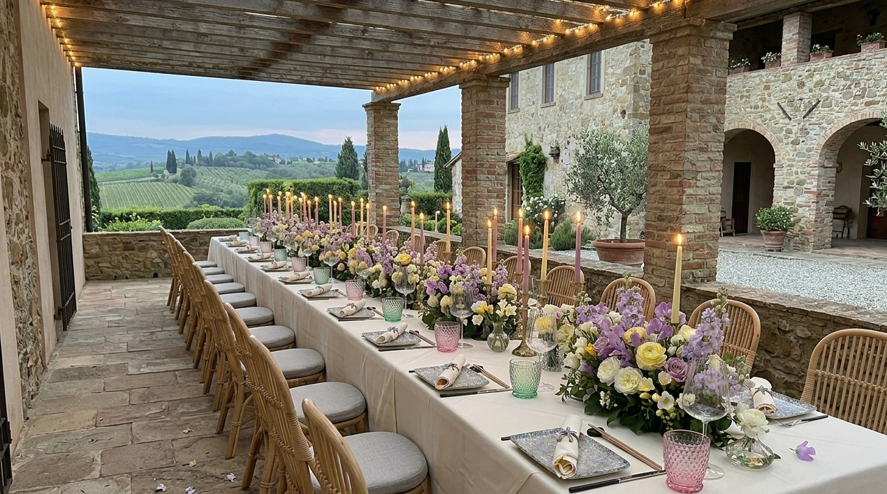 A long, outdoor banquet table at a luxury villa featuring a continuous floral runner of purple, yellow, and white blooms, accented by tall taper candles and overhead bistro lighting with a vineyard view.