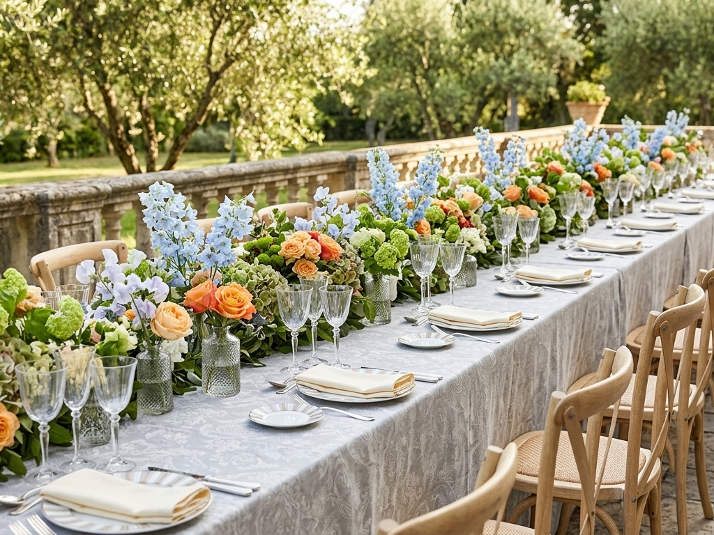 Long outdoor dining table decorated with colorful flowers, glassware, and place settings, set in a sunny garden.