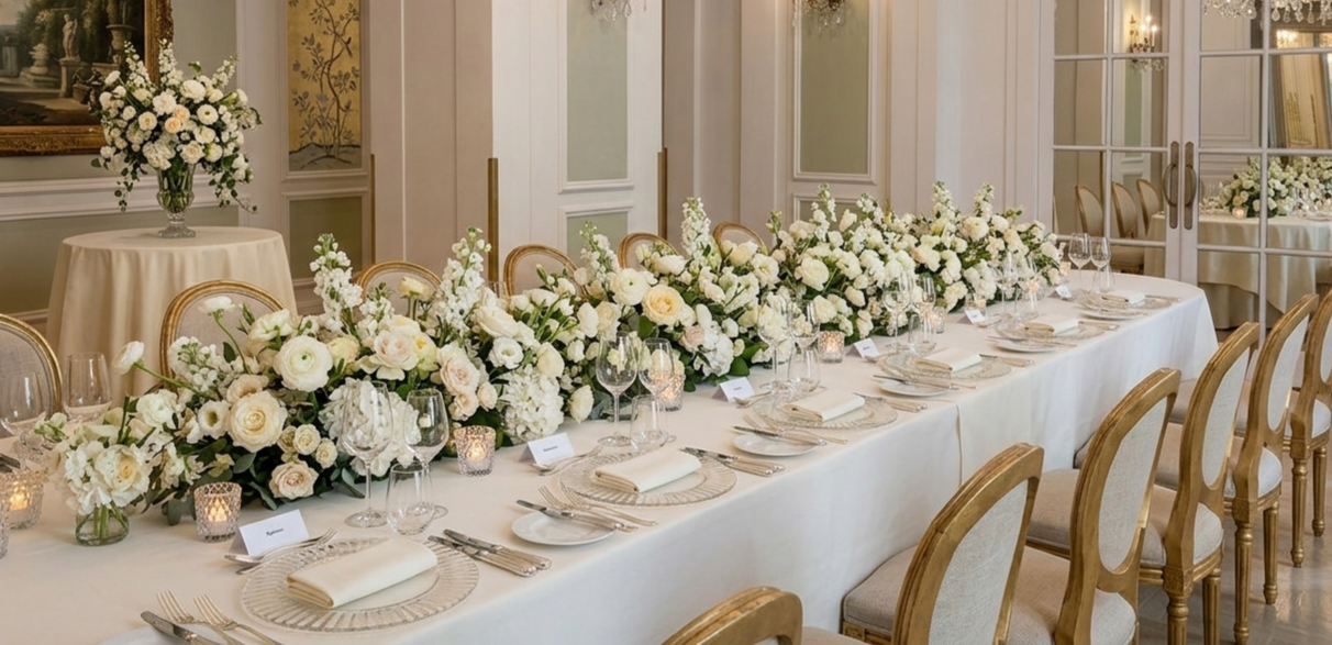 We specialise in creating cohesive environments where botanical artistry meets refined styling. From architectural white floral centrepieces to curated candlelight, we ensure every detail of your tablescape enhances the host's vision.