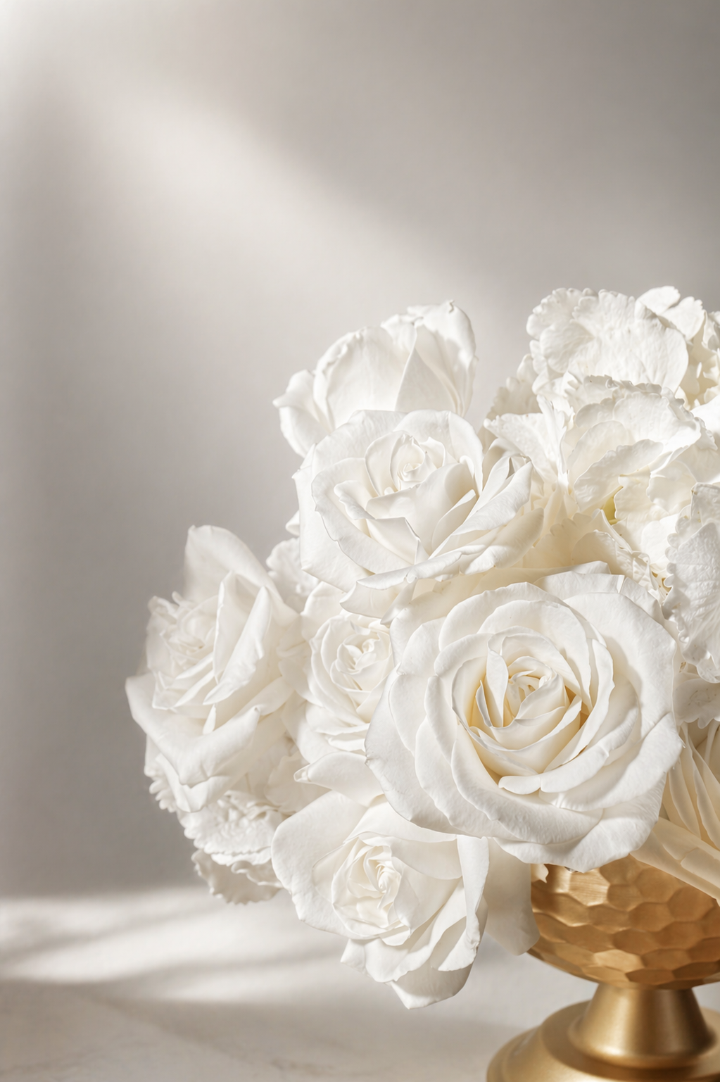 A lush, monochromatic arrangement of full white roses in a textured, gold hammered compote bowl, captured in soft, ethereal natural light against a neutral background.