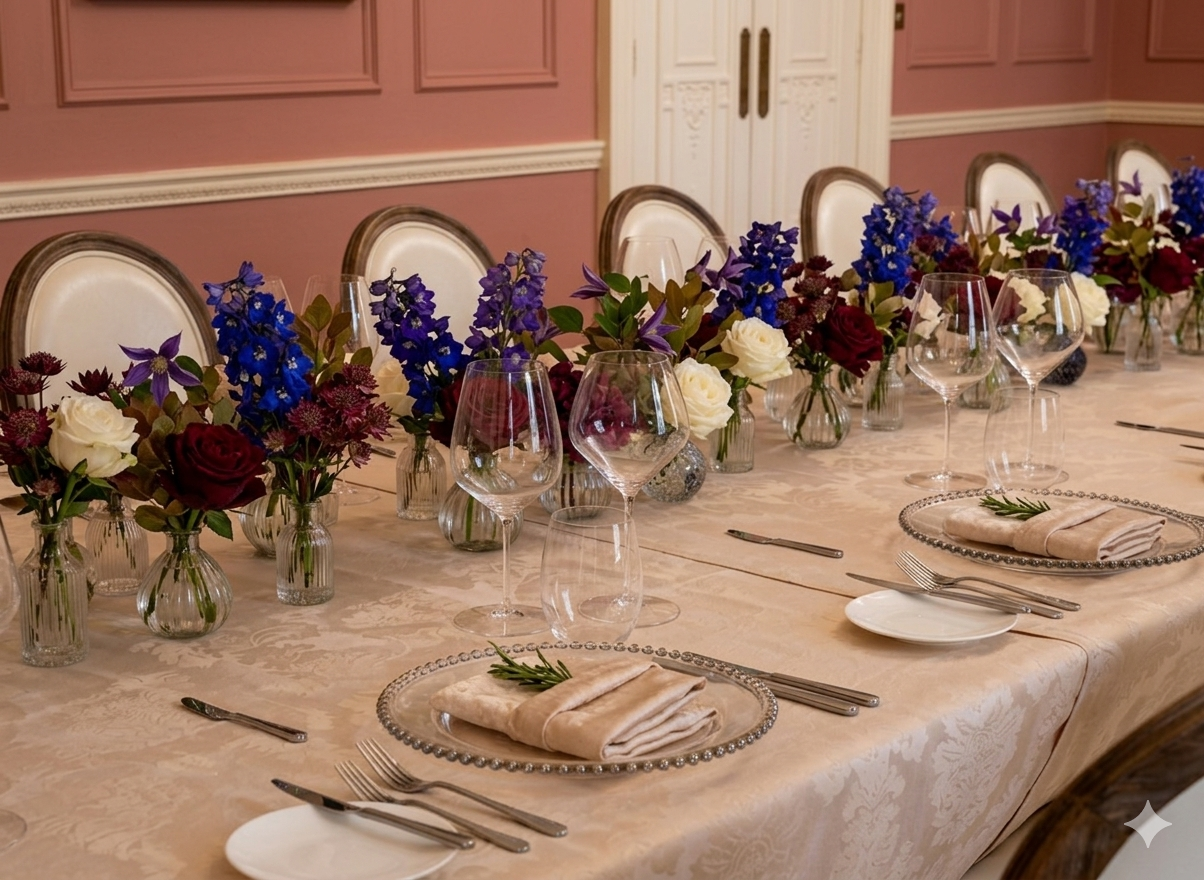 A long banquet table set with a damask tablecloth, featuring a series of glass bud vases with deep blue delphinium, burgundy roses, and white anemones, complemented by elegant place settings and tall wine glasses.