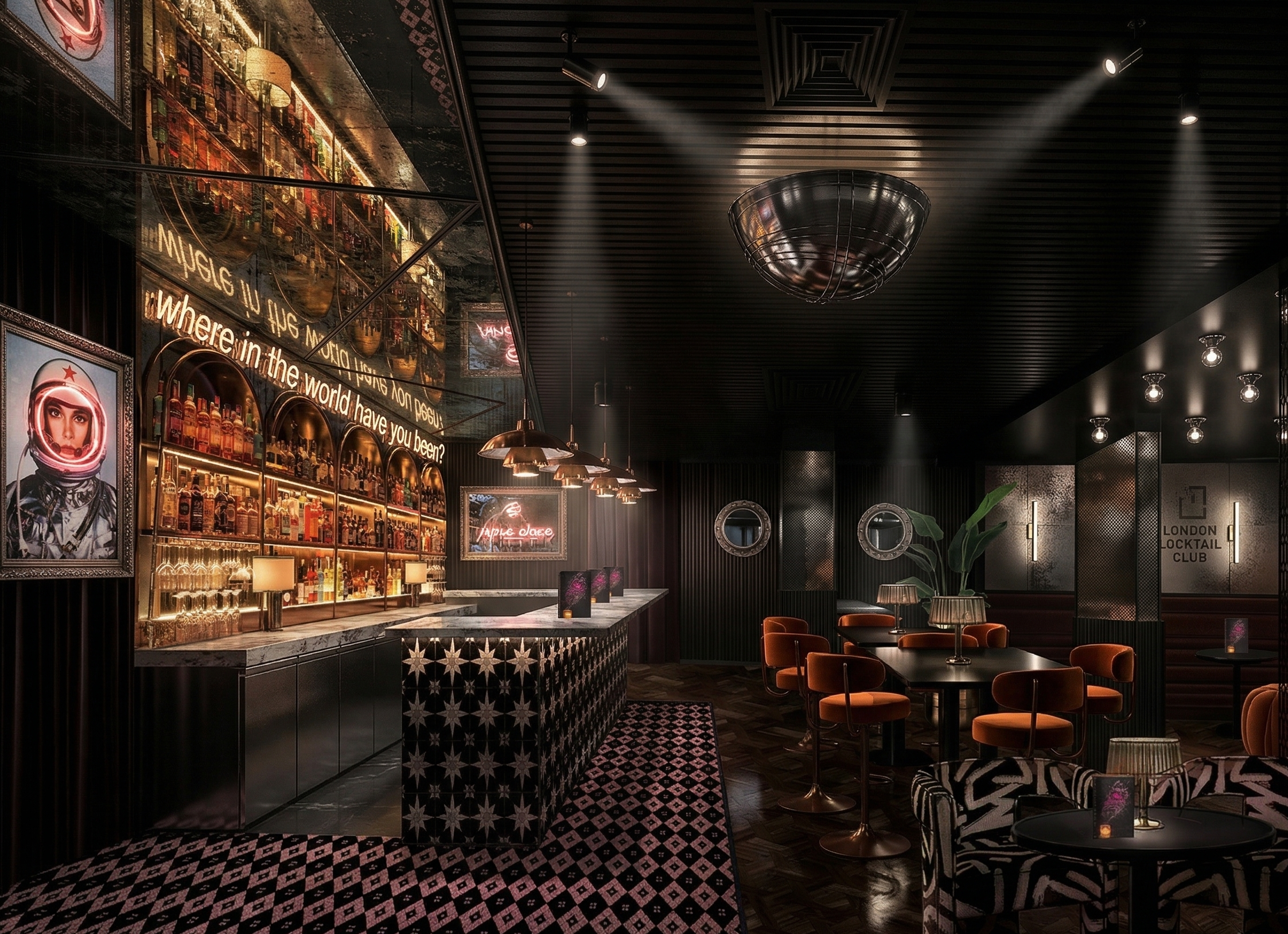 Dimly lit modern bar and lounge area with a reflective backlit shelf of various liquor bottles, neon signs, orange chairs, and round tables, featuring dark decor and a sign that says 'London Locktail Club'.