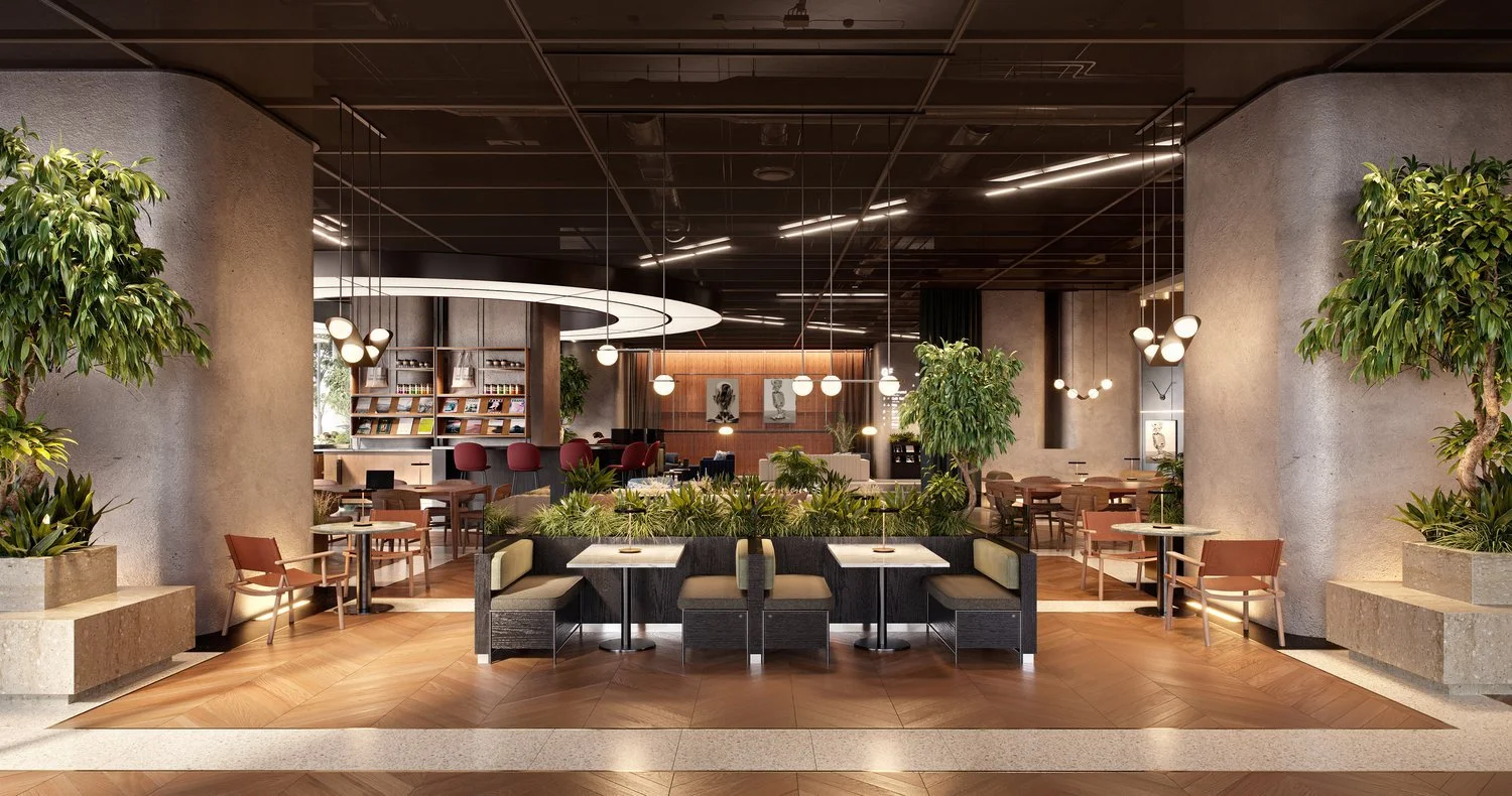 Modern interior of a commericial residential lobby with potted plants, wooden furniture, pendant lighting, and artwork on wooden-panelled walls japandi modern style.