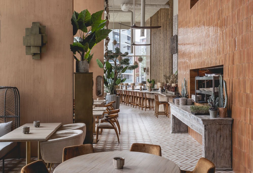 Interior of a modern cafe or restaurant with warm decor, featuring potted plants, wooden furniture, and large windows letting in natural light.