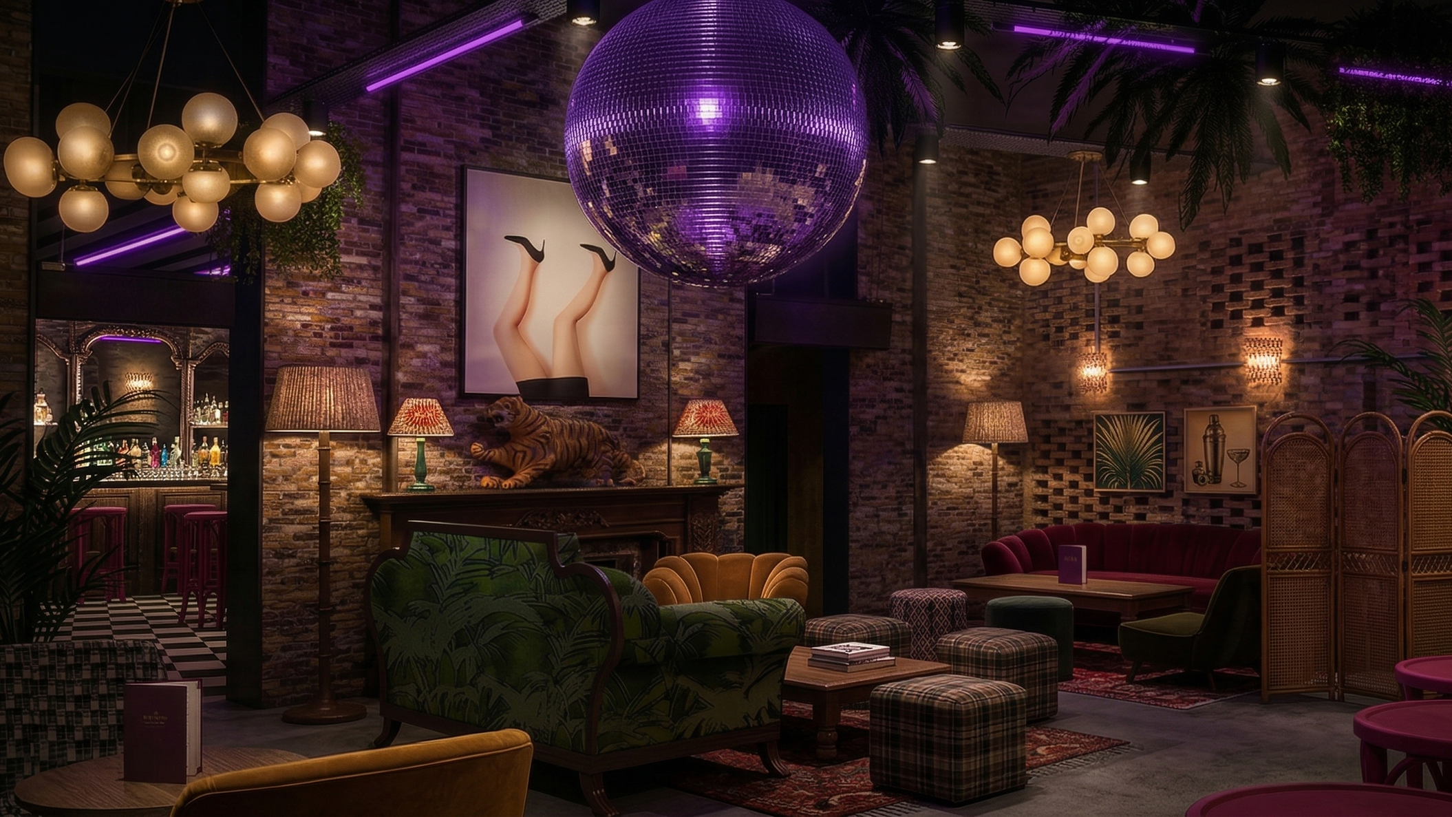 Dimly lit lounge with brick walls, a large purple disco ball hanging from the ceiling, and vintage-style furniture including a green floral sofa, a mustard armchair, and plaid ottomans. There are wall-mounted lamps, framed art, and a bar area with pink stools in the background. Decorative lighting features purple and warm tones.