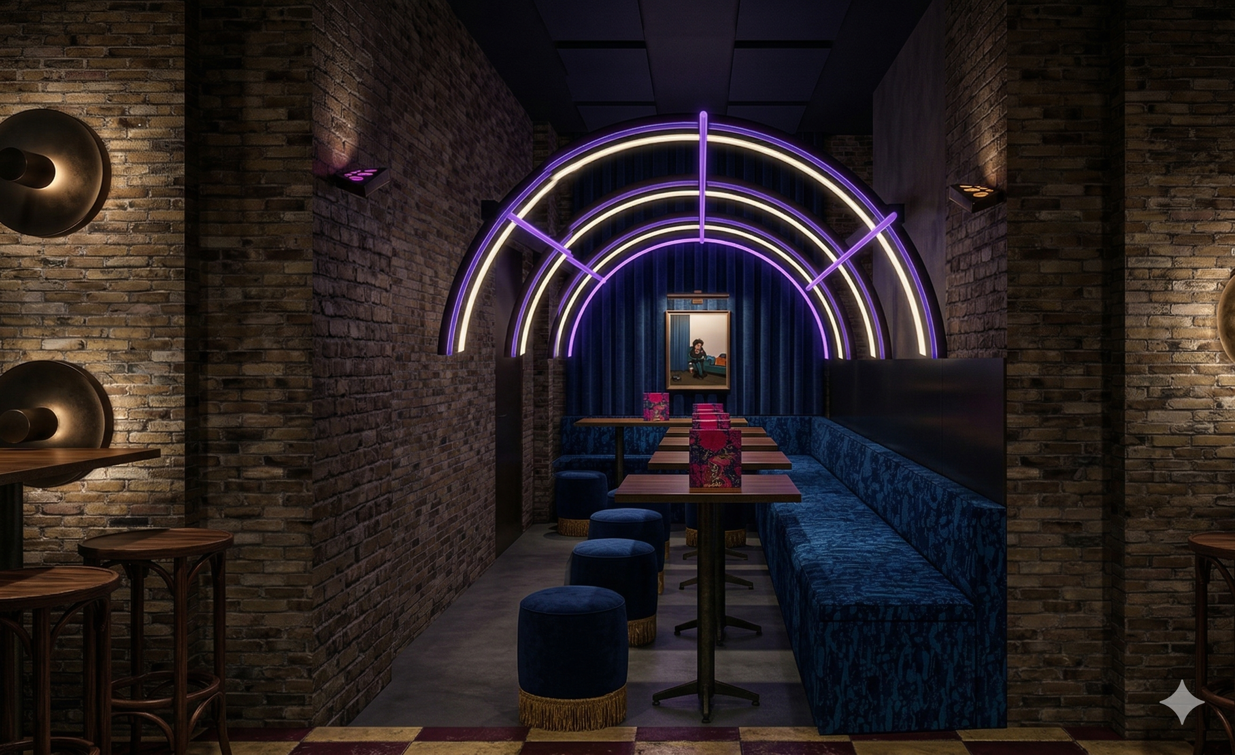 An interior view of a trendy bar or lounge featuring exposed brick walls, neon arch lighting in purple and white, a long blue velvet booth with matching stools, and framed artwork behind the bar.