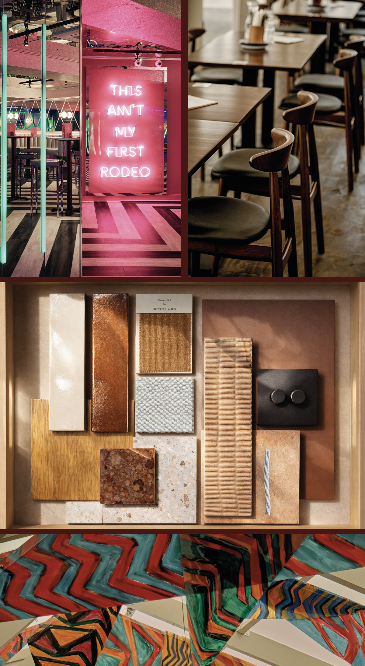 A collage of images showing a modern interior with neon sign reading 'This Ain't My First Rodeo', a dining area with wooden tables and chairs, a display of various textured and colored tile samples, and a vibrant, multicolored geometric ceiling art installation.
