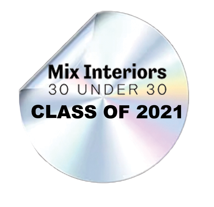 Design of an iridescent sticker with text that reads "Mix Interiors 30 Under 30," and "Class of 2021."