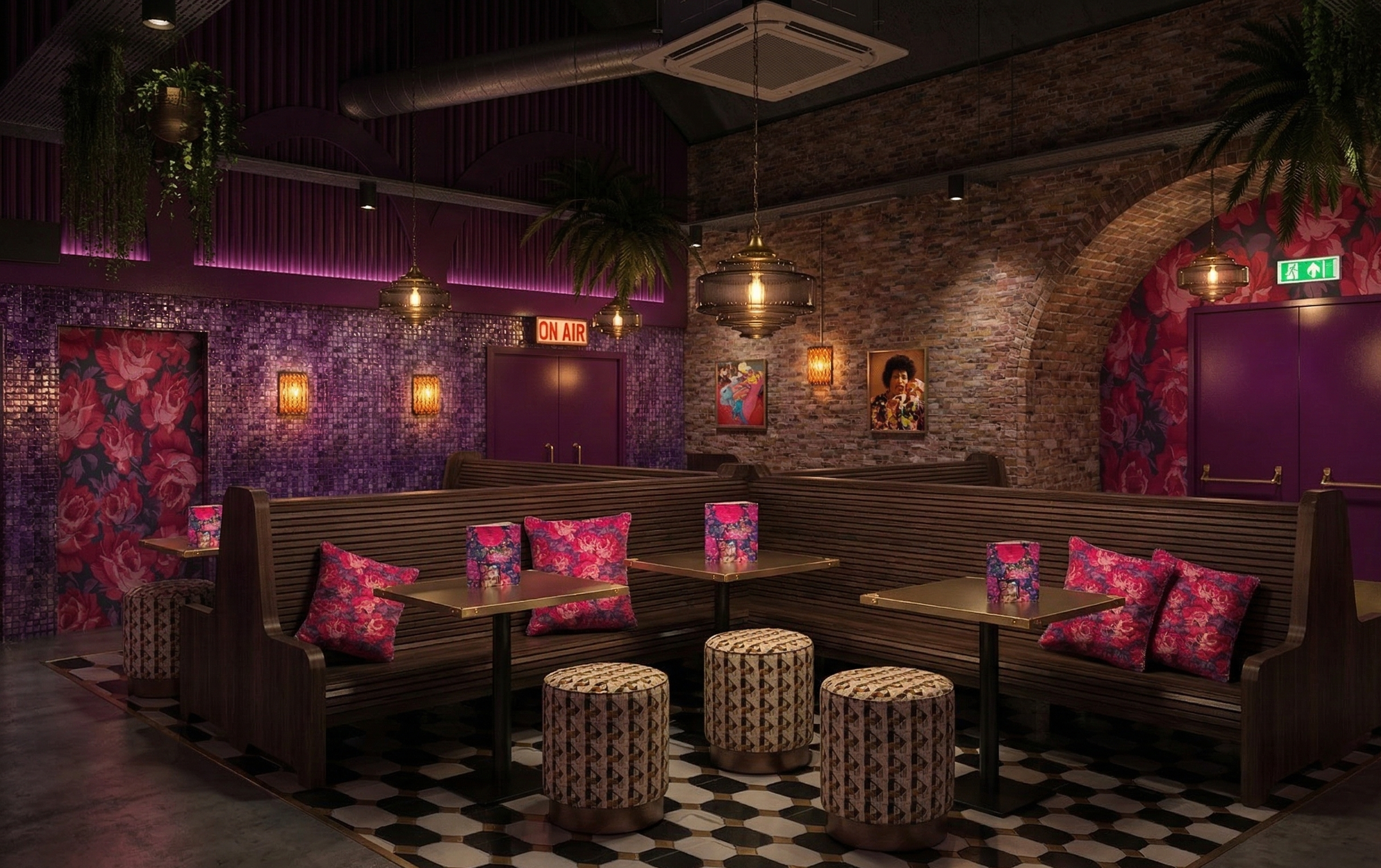 A stylish restaurant interior with purple and pink decor, floral accents, hanging lamps, a brick wall, a booth with patterned cushions, and a neon 'On Air' sign.
