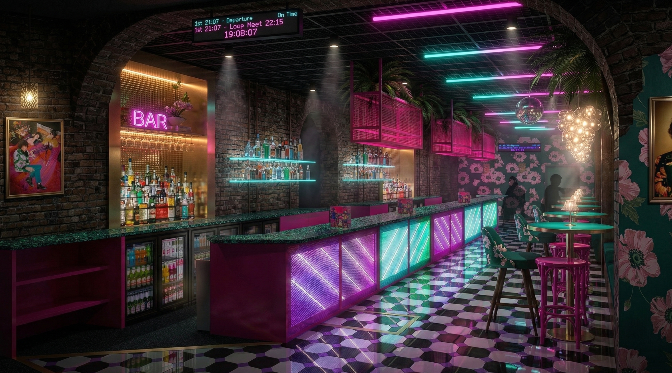 A modern bar with neon purple and turquoise lighting, a brick wall, a bar counter with illuminated panels, and seating with floral-patterned chairs. The floor has a black and white geometric tile pattern, and there are decorative plants, lamps, and artwork on the walls.