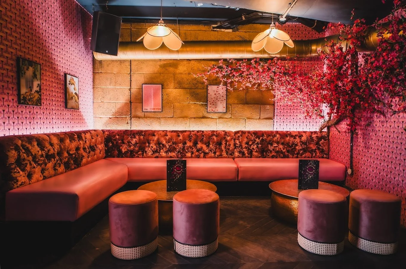 A cozy lounge with pink velvet seating, pink ottomans, pink floral decorations, pink patterned walls, and framed artwork, illuminated by hanging lamps with cream-colored shades.