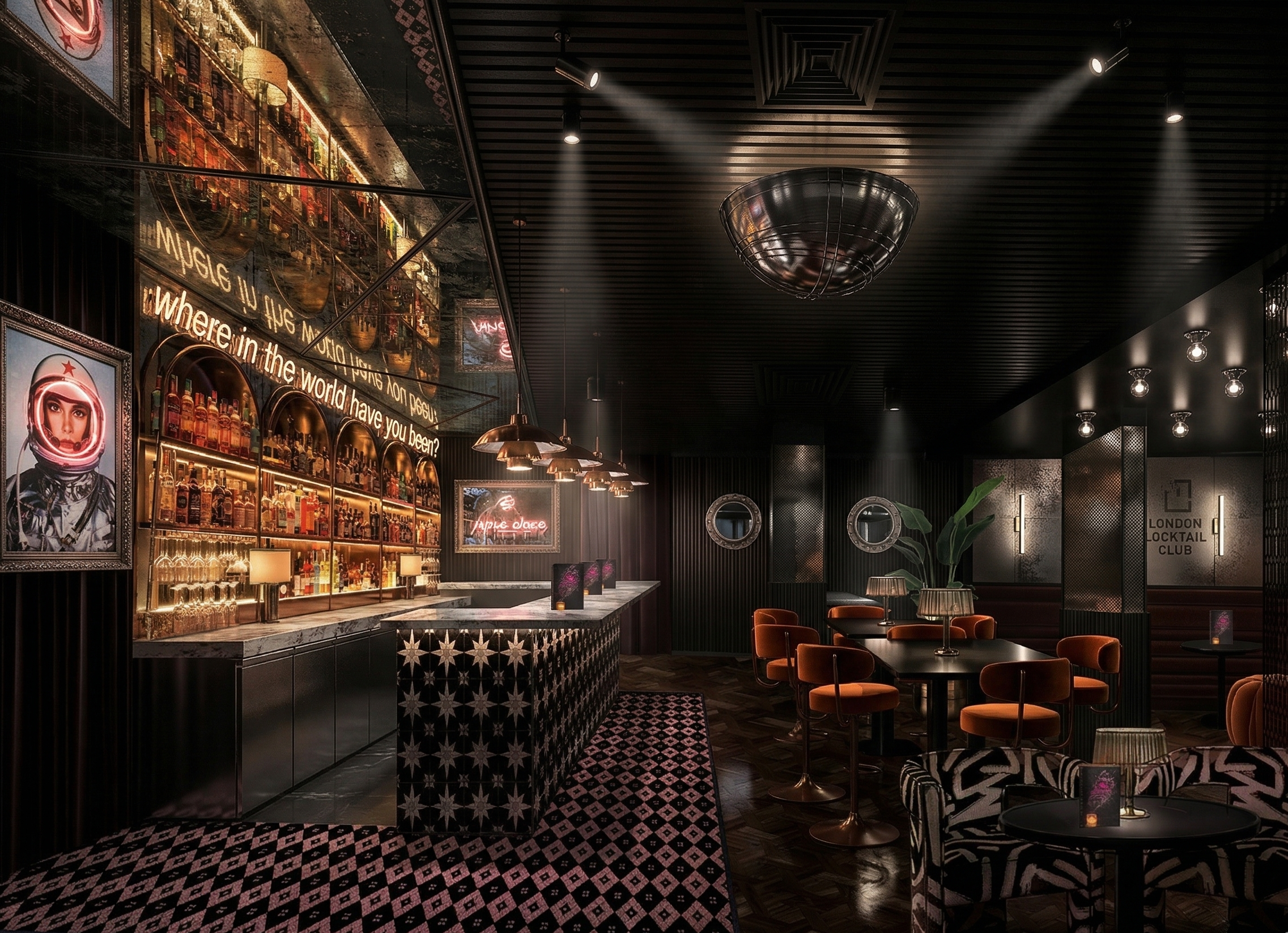 Interior of a stylish cocktail bar with a marble-topped bar counter, liquor shelves, framed artwork, lounge chairs, and tables with lamps, illuminated by overhead lighting.