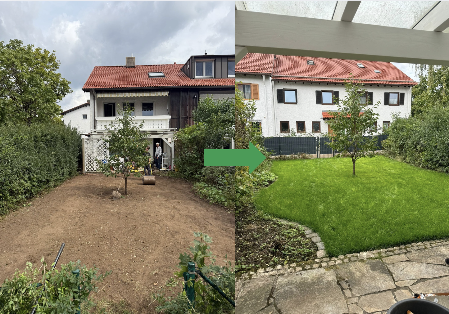 Vorher Nachher-Ergebnis von der Anlage eines Rollrasens