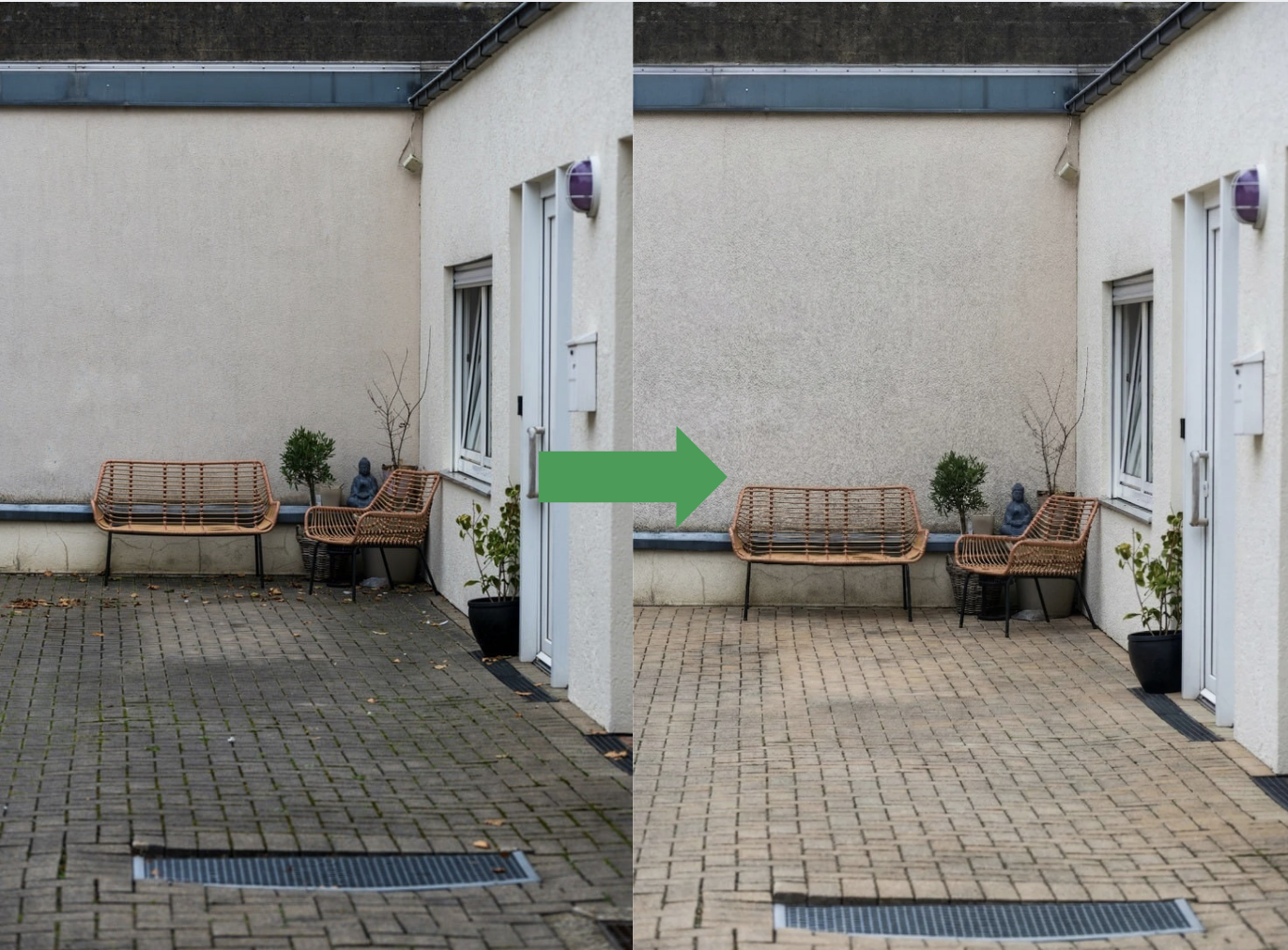 Ein Außenbereich mit gepflastertem Boden, zwei Sessel, eine Bank, einige Pflanzen und ein Fenster an einer weißen Hauswand, vor und nach einer Reinigung der Bodenfläche.