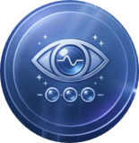 A stylized eye with a digital waveform inside, surrounded by small stars and circles, on a blue circular background.