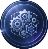 Digital graphic of interconnected gears and icons representing technology and automation.