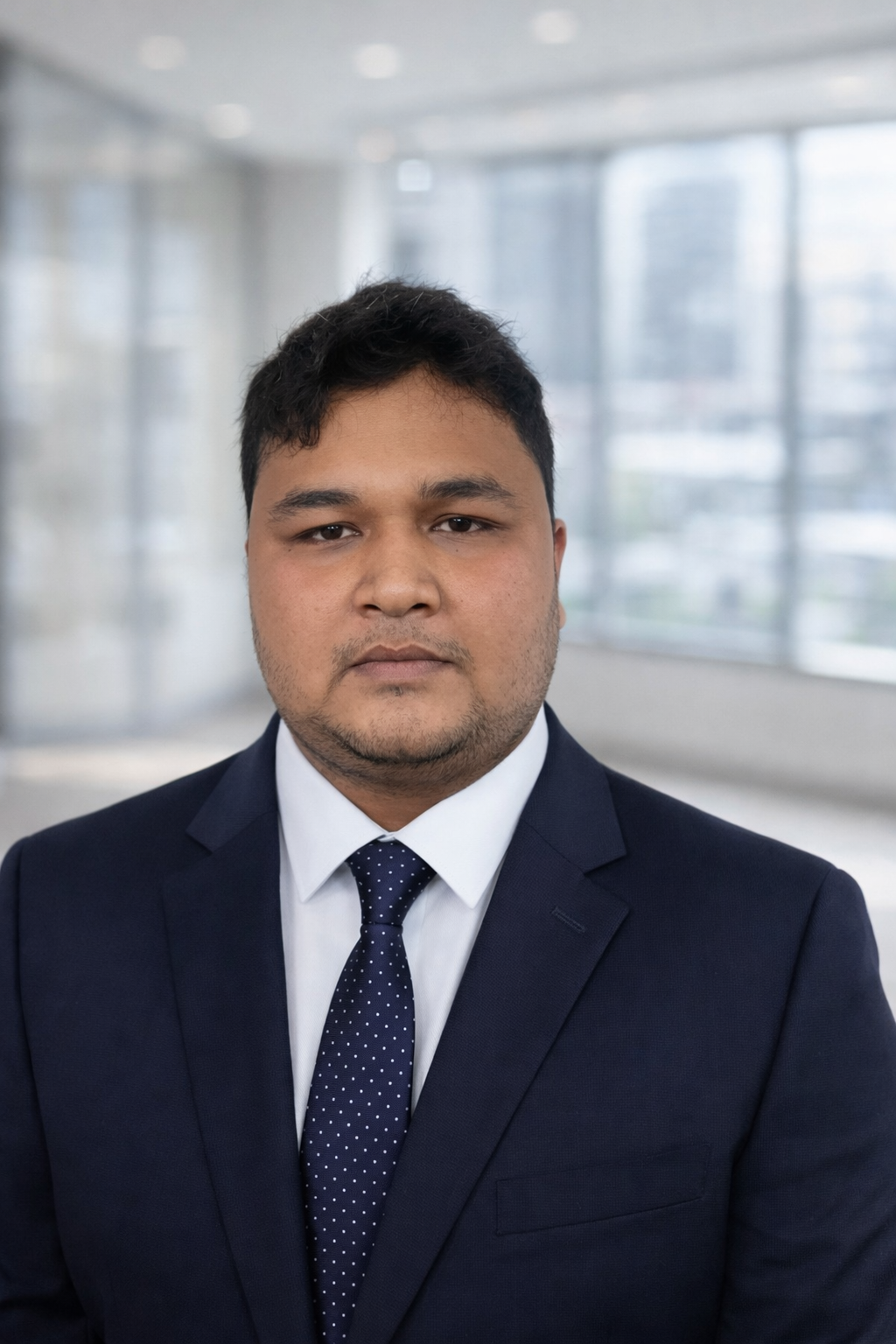 A man in a dark suit, white shirt, and polka dot tie, standing in a modern office building with large windows and blurred architectural background. He is the Marketing Head of Abroad Univibes Education( AUE Global ) Private Limited.