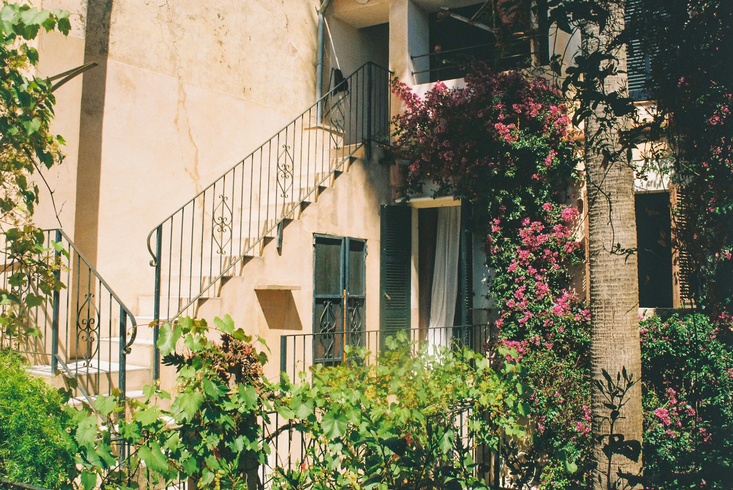 Ein Haus mit Balkon, umgeben von bunten Blumen und grünen Pflanzen, in einer sonnigen Umgebung.