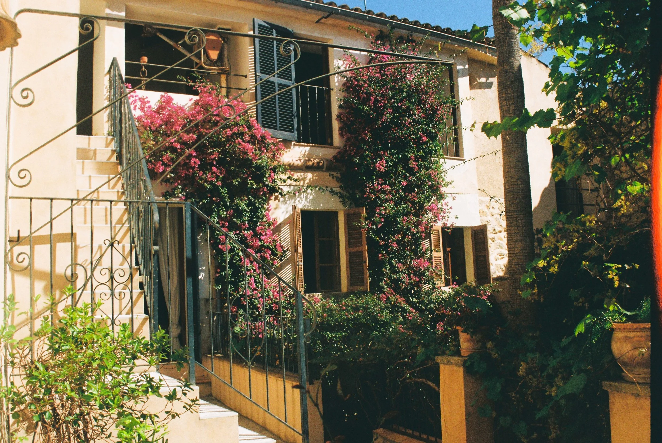 Ein Haus mit Balkon und blühenden pinken Gartenstauden. Es gibt offene Fensterläden und eine Treppe mit einem verzierten Geländer führt zur Eingangstür. Im Vordergrund sind grüne Pflanzen und ein Baum zu sehen.