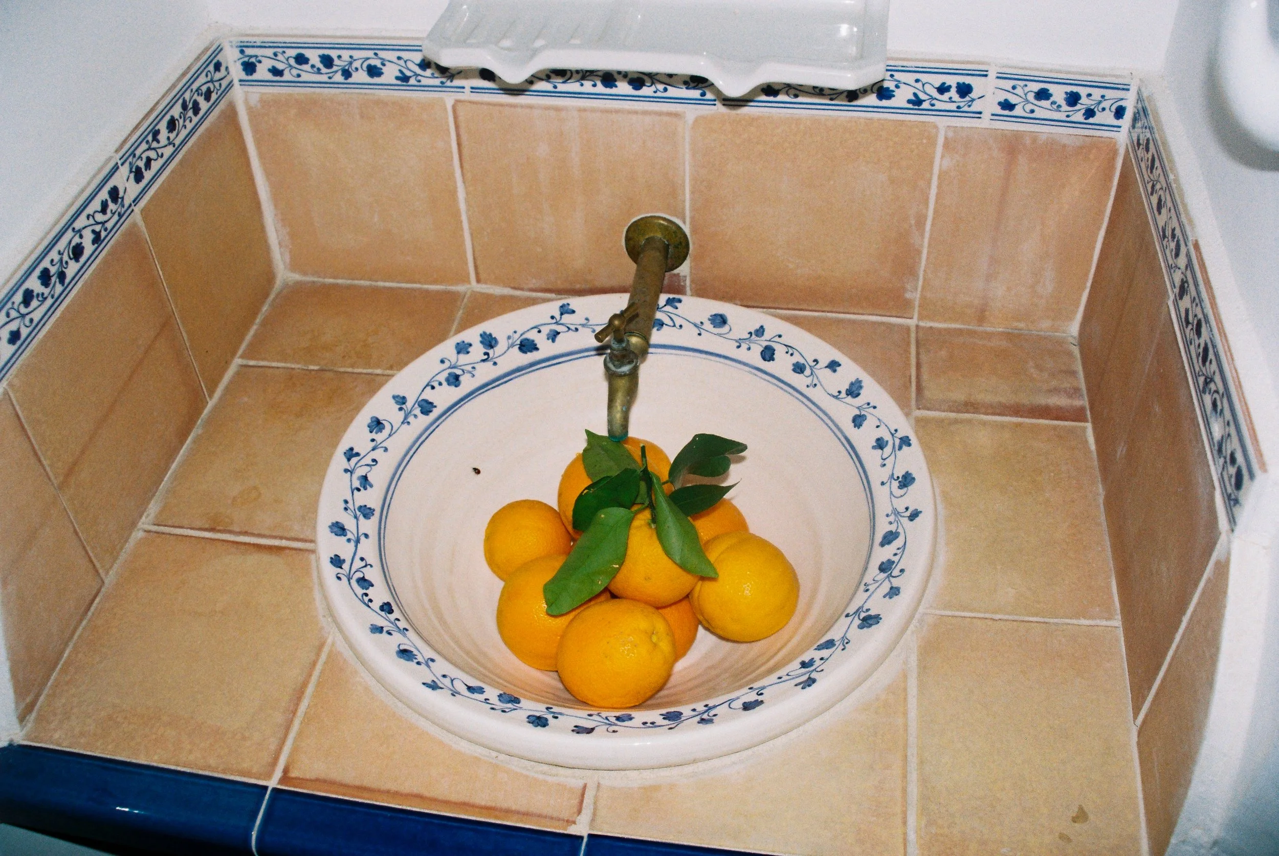 Eine weiße Toilette, auf der Zitronen liegen, freiliegend der Wasserhahn. Die Fliesen sind beige mit blauer Verzierung.