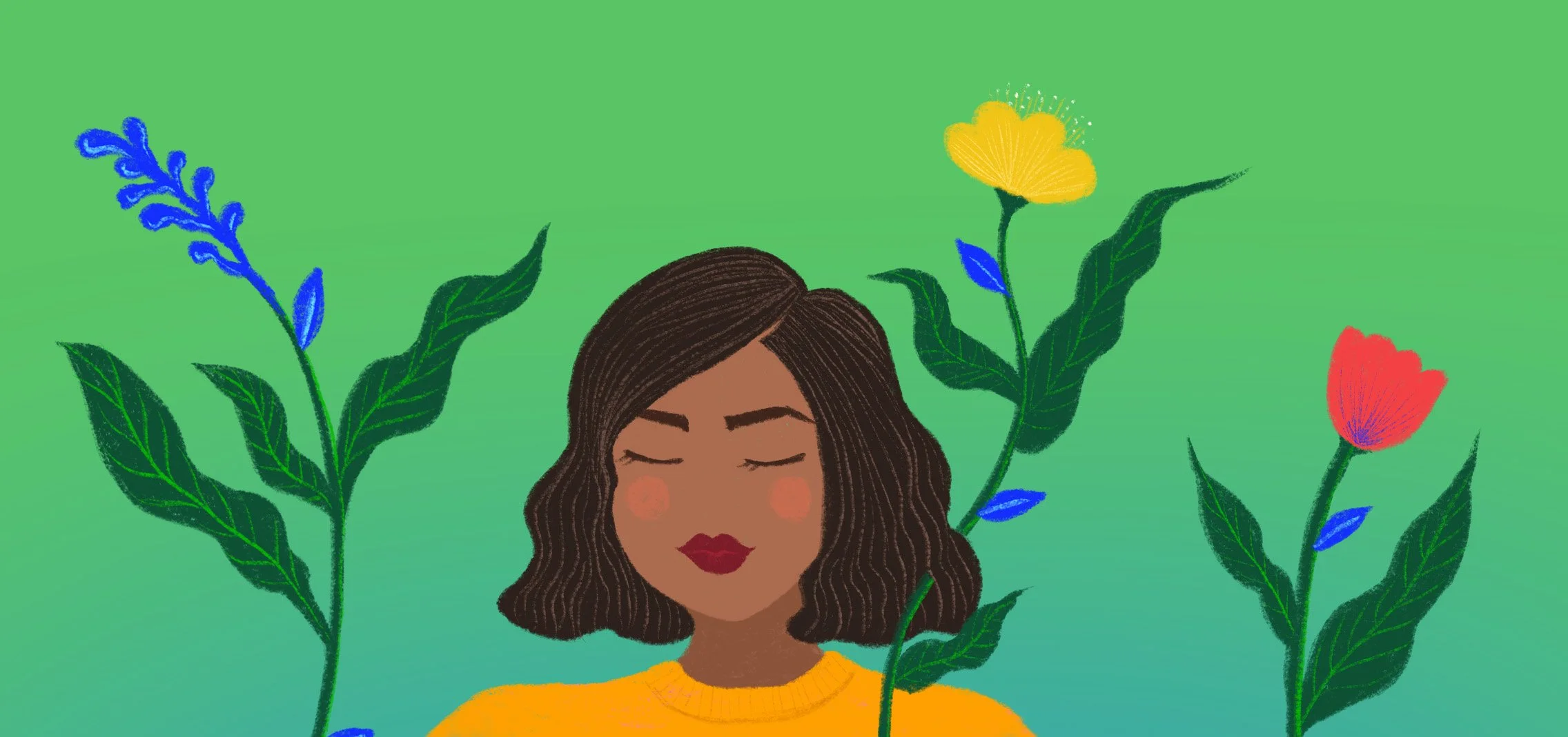 Illustration of a woman with brown curly hair wearing a yellow top, surrounded by green leaves and colorful flowers against a green background.