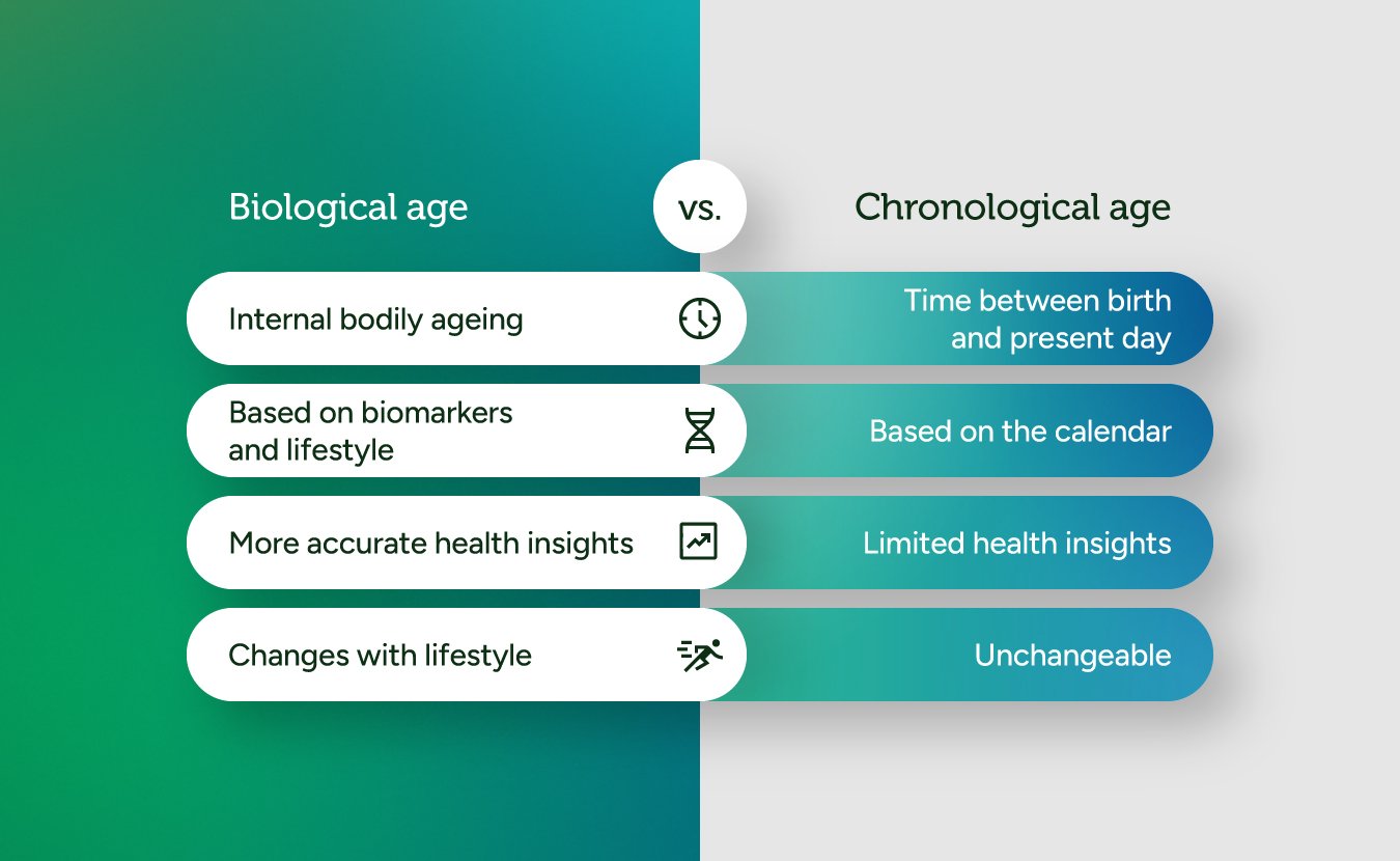 A comparison table illustrating the differences between biological age and chronological age — a concept that was new to most app users at the time, designed to make a complex idea scannable and easy to grasp.