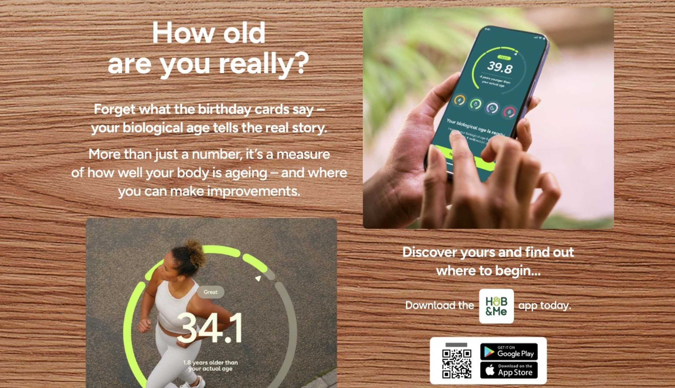 In-store signage copy written for Holland & Barrett's "store of the future" retail concept – introducing the H&B&Me app to shoppers and bringing the biological age proposition to life through large-format, immersive signage.