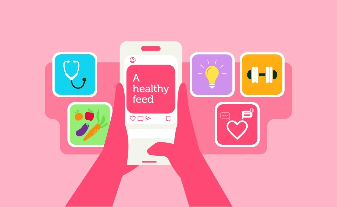 This infographic accompanied an article on building a healthier relationship with social media — illustrating tips like following healthcare professionals and using platforms to build genuine community.