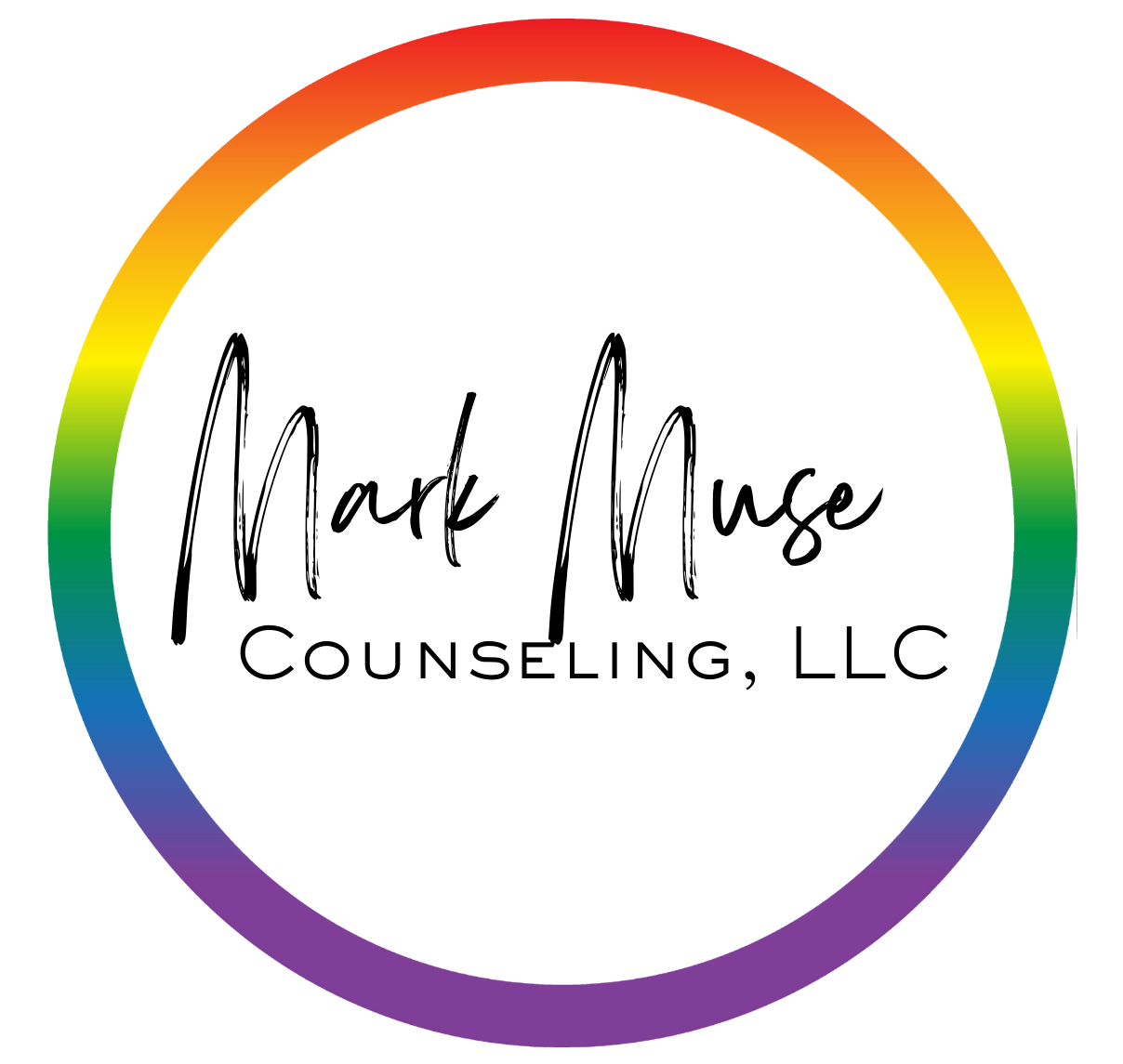 Logo for Mark Muse Counseling, LLC with a circular rainbow-colored border and black handwritten text inside that reads 'Mark Muse' and smaller text below that says 'Counseling, LLC'.
