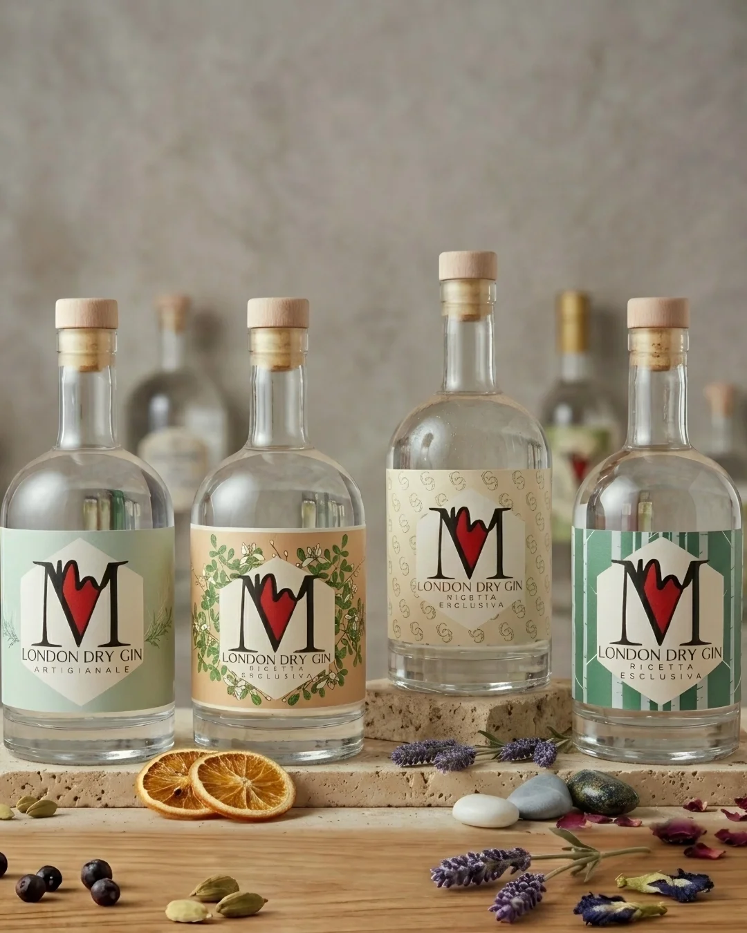 Quattro bottiglie di gin artigianale London Dry Gin con etichette decorative e diversi oggetti naturali come fette di arancia, lavender, pietre e bacche, su un piano di legno.