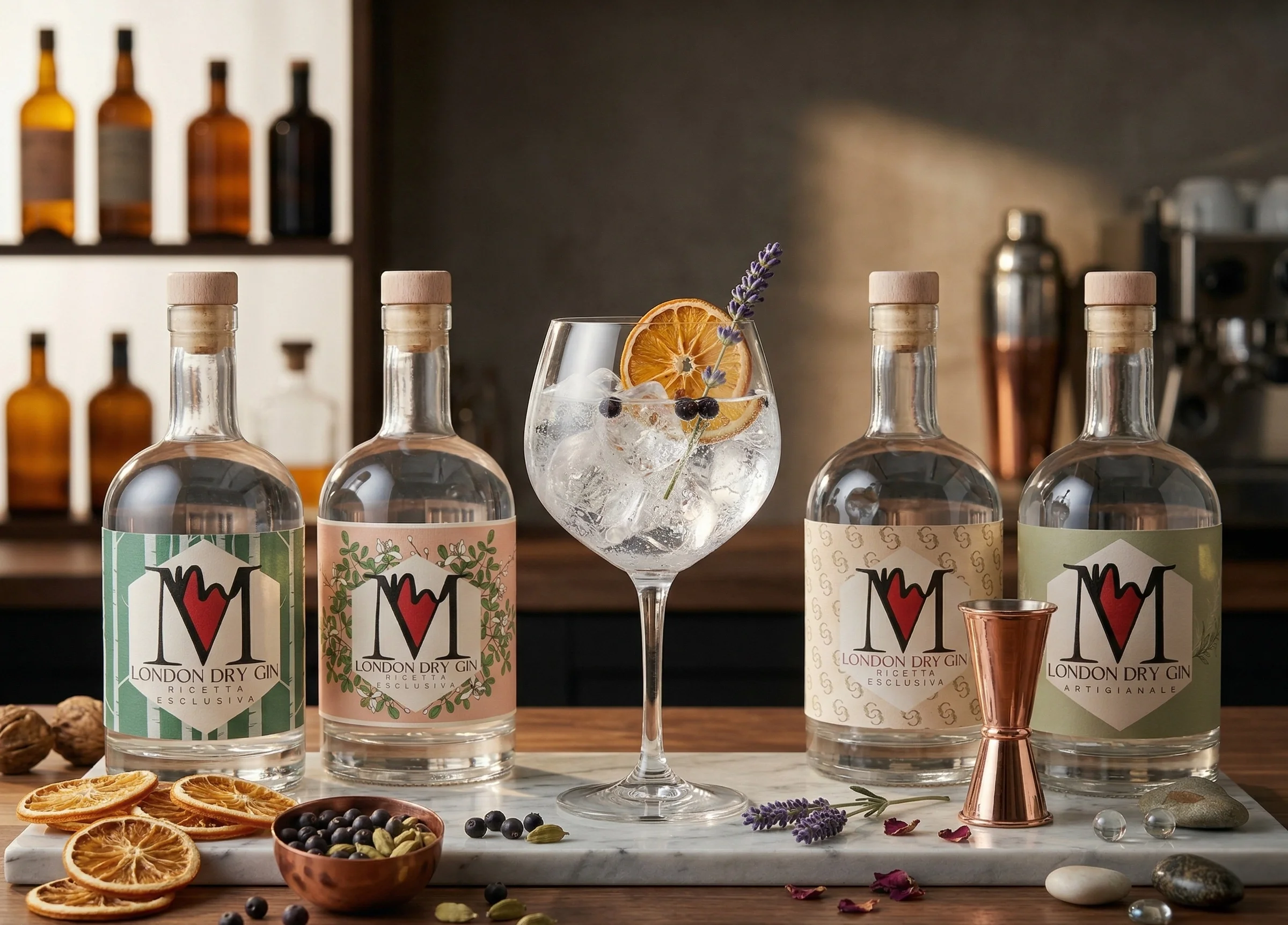 Bottiglie di gin London Dry Gin con etichette decorative, un bicchiere di cocktail con fetta di agrumi e fiori di lavanda, spezie, frutta secca e bacche sul tavolo in un ambiente di bar.