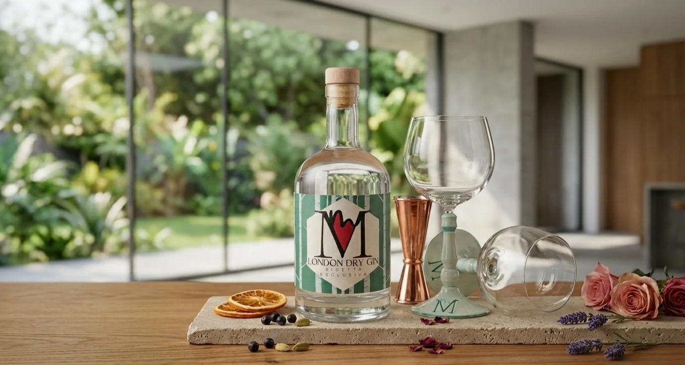 Bottiglia di gin con bicchieri, fette di arancia secche, rose e lavanda su un banco di legno con uno sfondo di vetri e natura.