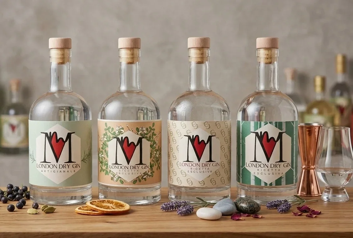 Quattro bottiglie di gin artigianale London Dry Gin sulla tavola, con decorazioni floreali e frutta secca, zucchero e fiori secchi sullo sfondo