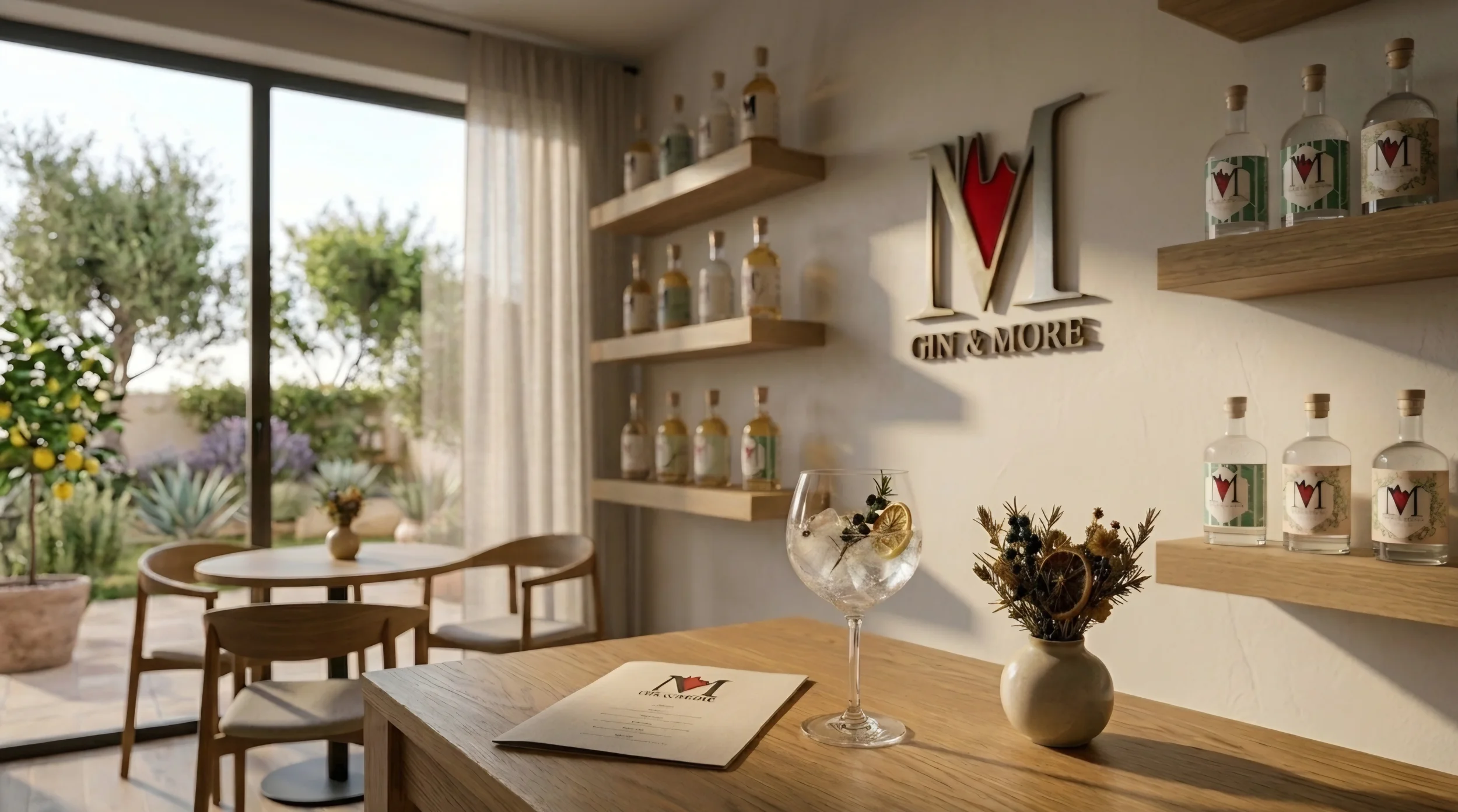 Interno di un locale con pareti bianche, scaffali di legno con bottiglie di alcol, decorazioni e un logo con testo 'GIN & MORE', una finestra che mostra un giardino con piante e alberi, un tavolo con un bicchiere con limone, e cartelleggiata con un menu.
