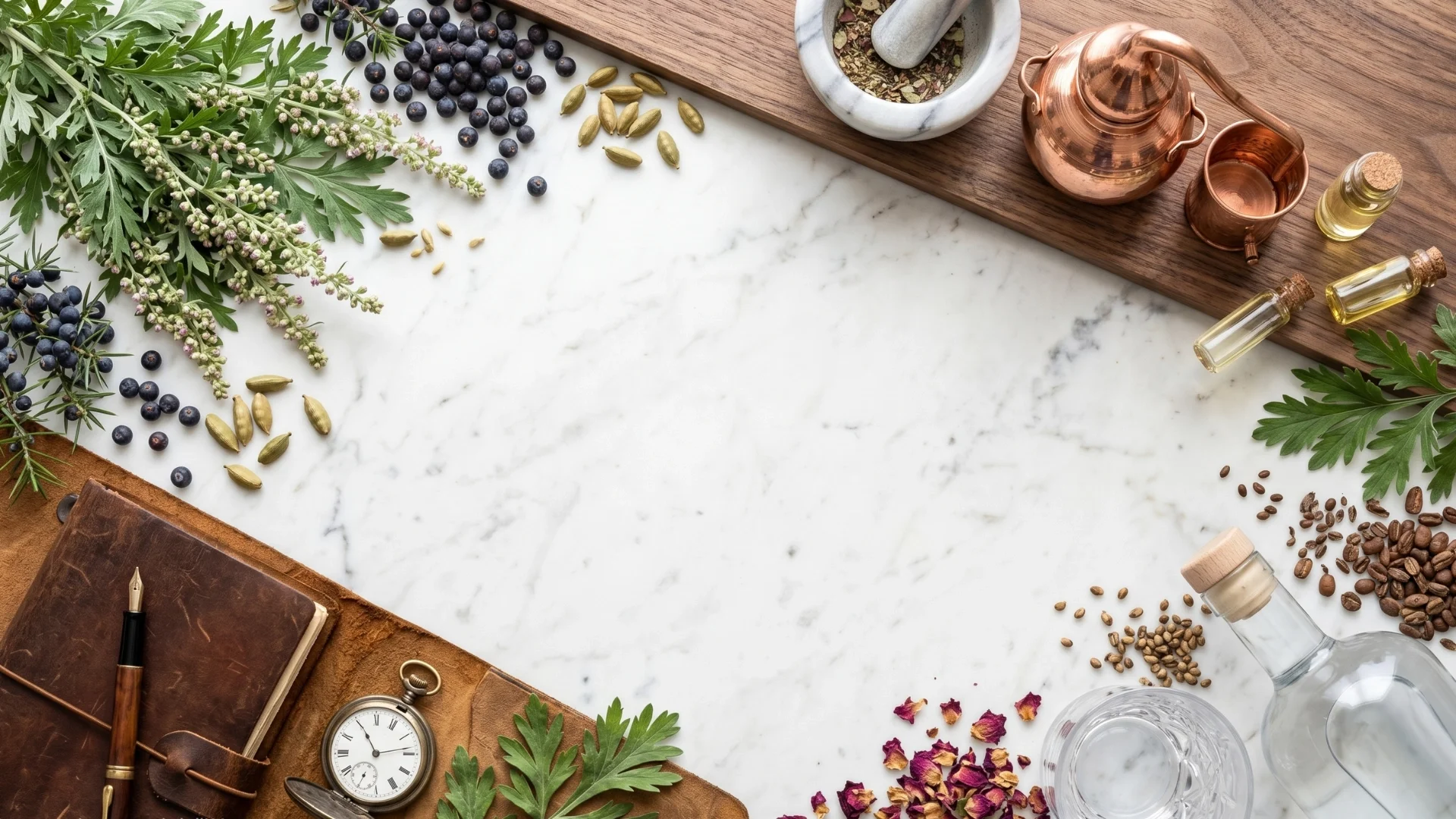 Composizione su marmo bianco con botaniche rare, bacche di ginepro, un piccolo alambicco in rame, un diario in pelle vintage e un orologio da taschino. Elementi che raccontano l'artigianalità, il tempo e la passione dietro la storia di Gin&More.