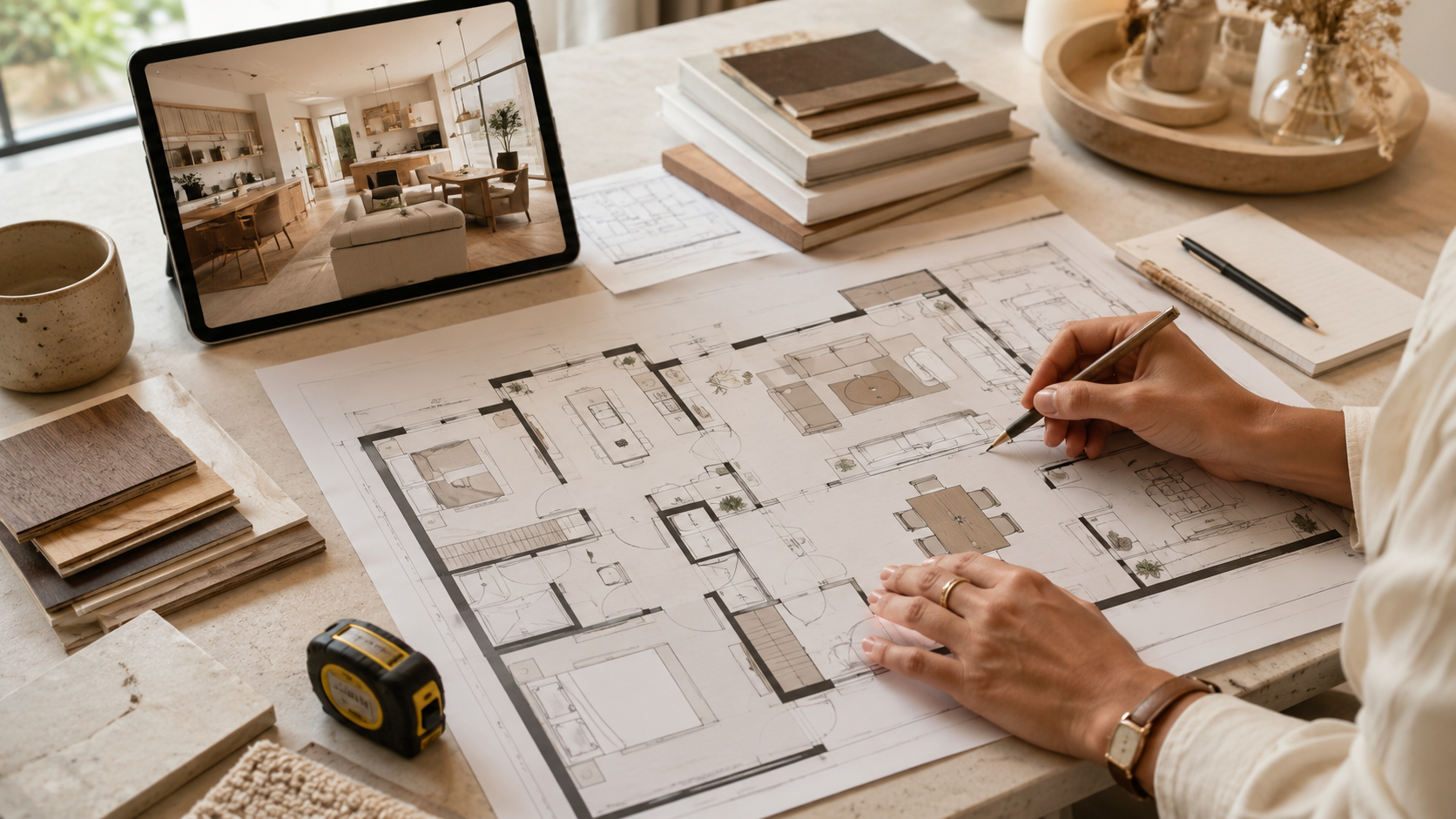 Space planning for renovations with furniture layout drawings and home design materials
