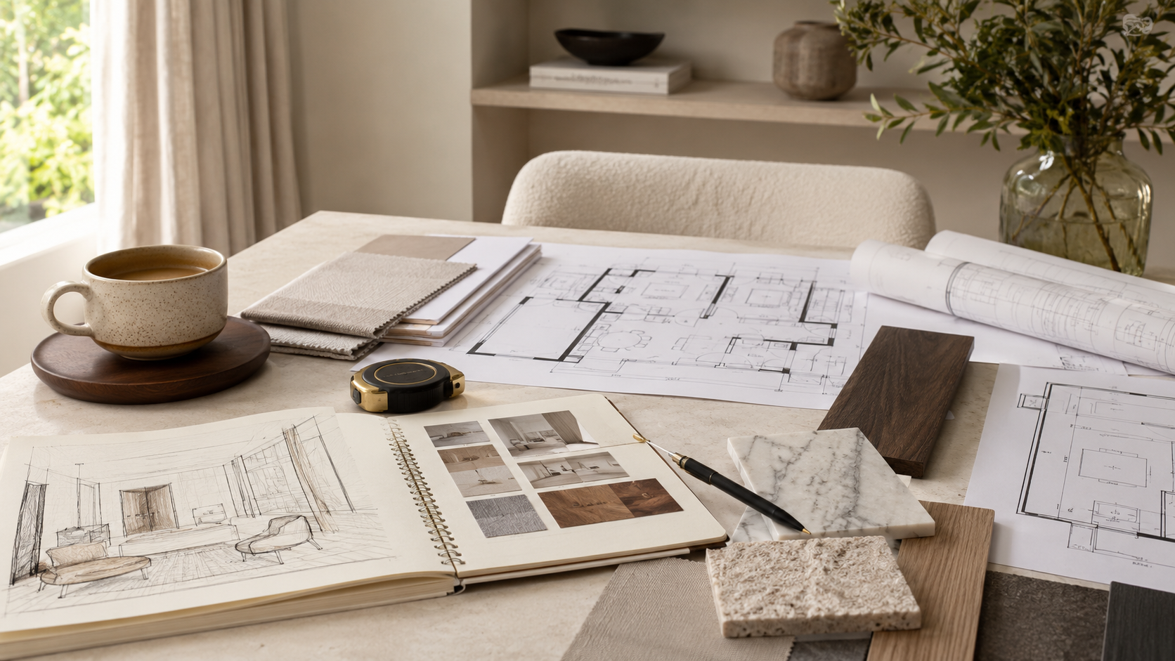 Interior designer renovation planning with floor plans, material samples and furniture layout ideas