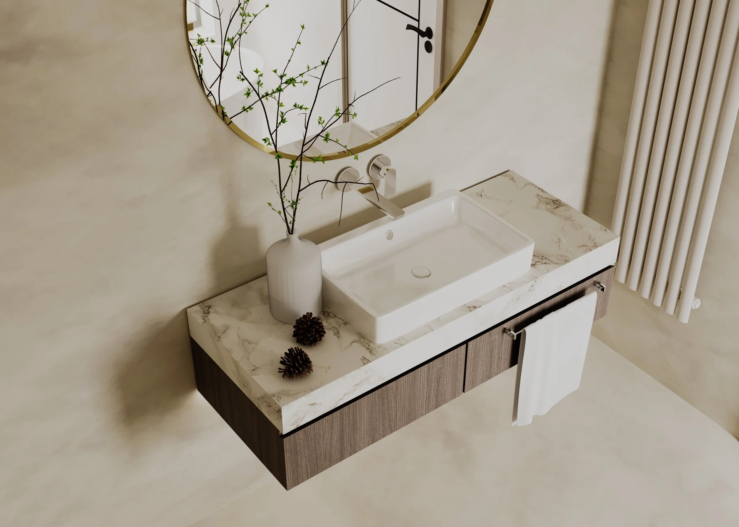 Modern bathroom vanity with a rectangular vessel sink, a round mirror, a beige vase with branches, and two pinecones, with a white towel hanging from the side.