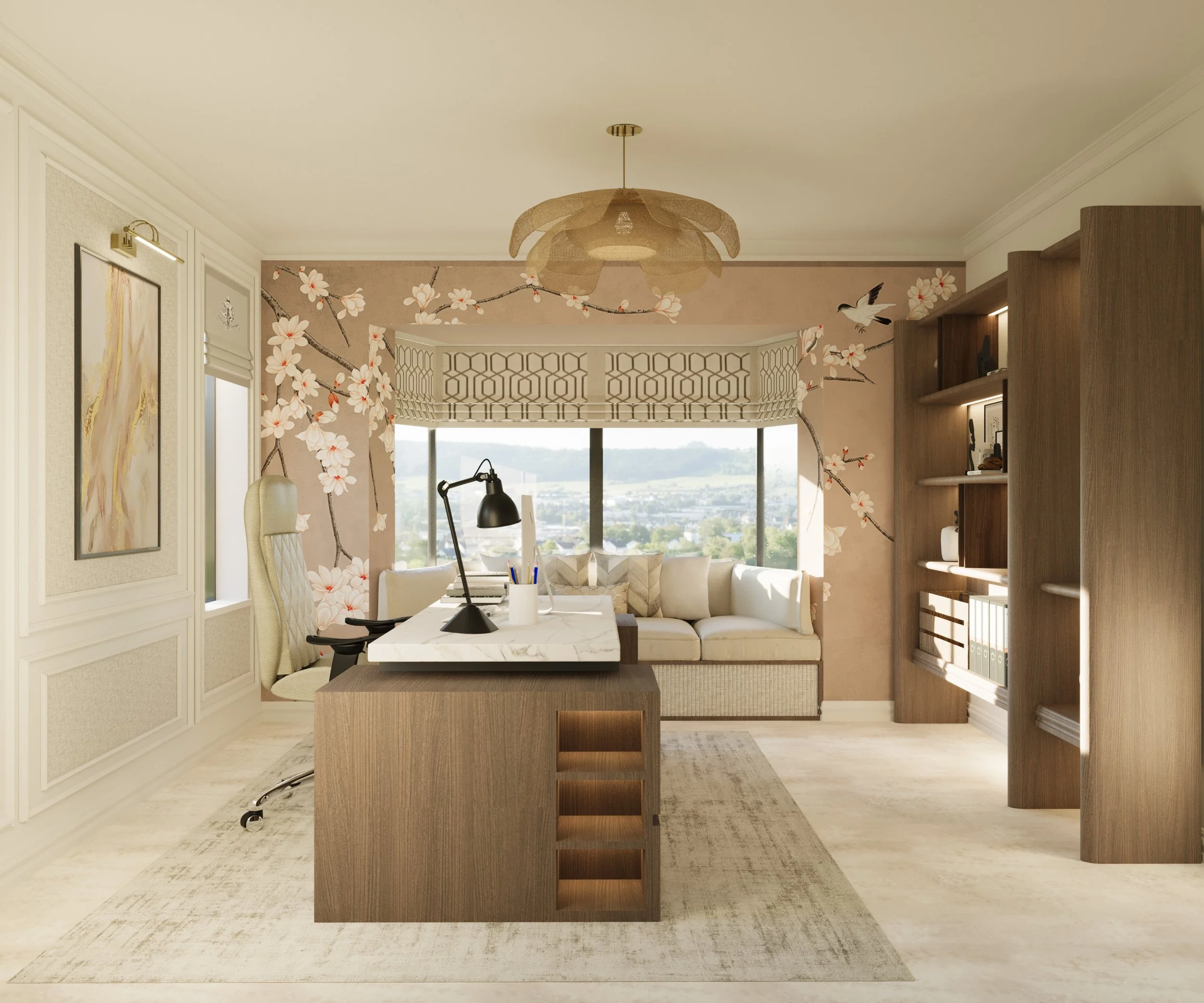 A modern home office with a floral wall mural, a white desk with a black lamp, and a cream sofa near large windows showing a city view.