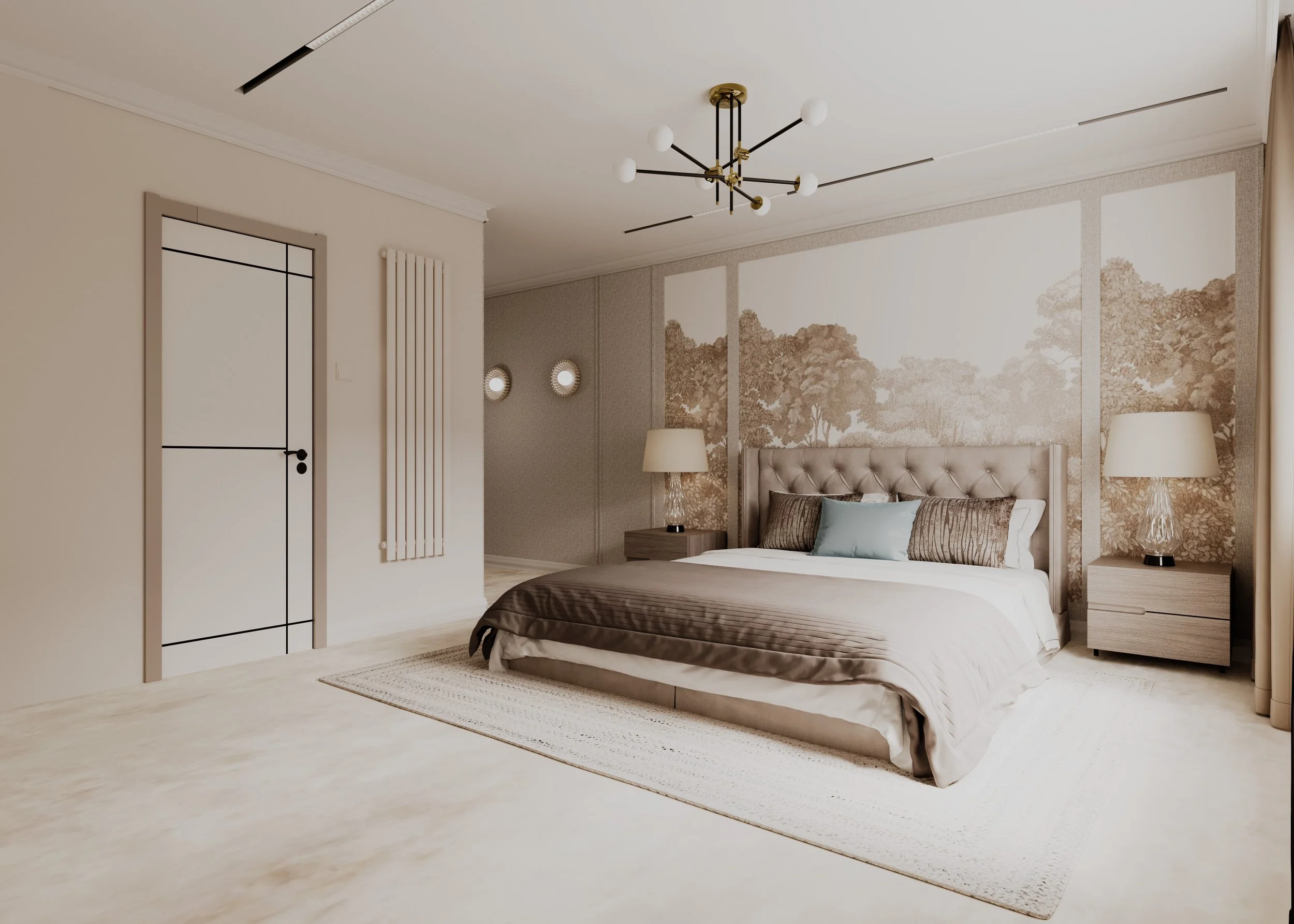 Contemporary master bedroom design in Leeds showcasing bespoke furniture, feature wall design and thoughtful space planning.