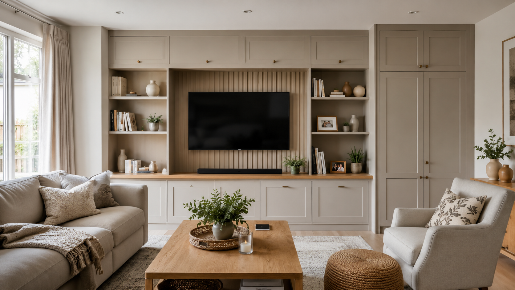 A well-planned living room with built-in storage, media wall, seating layout and warm neutral interior design.