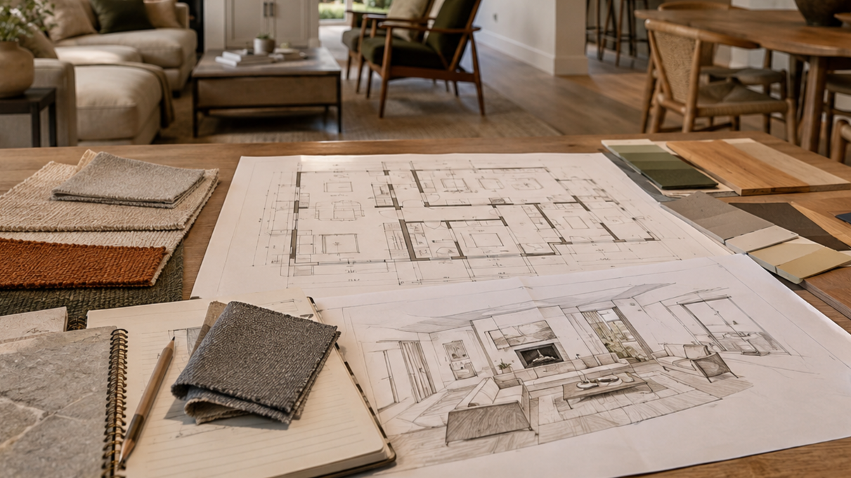 Interior designer and homeowner reviewing a space planning layout for a Leeds home renovation