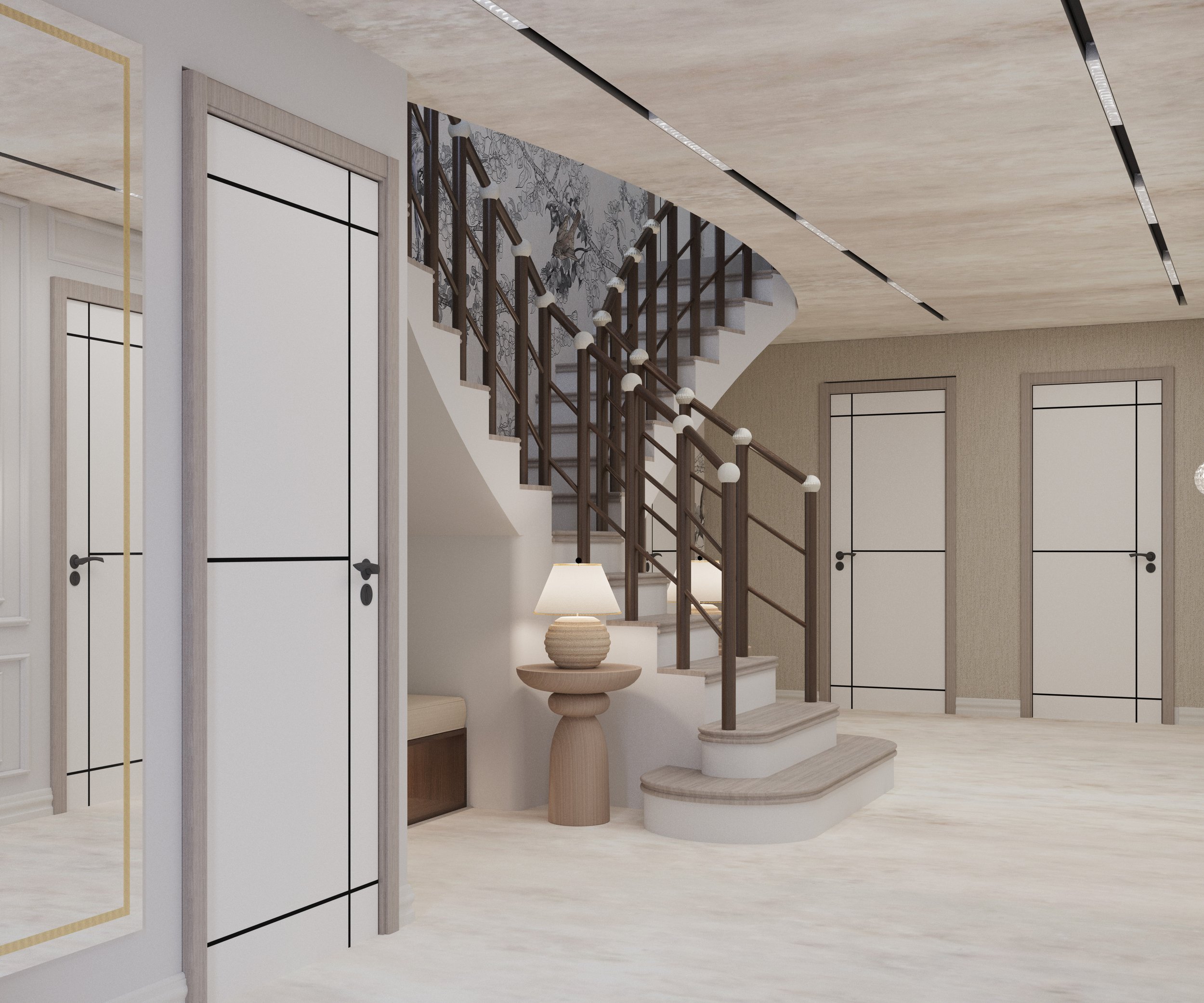 Contemporary hallway and staircase design in Leeds showcasing bespoke detailing, custom panelling and professional space planning solutions.